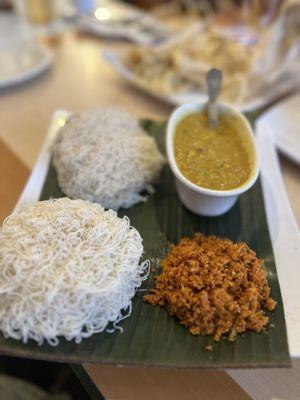 String hoppers with dhal (lentils) and coconut sambol