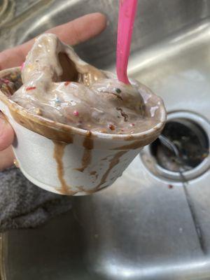 I ordered a small twist with sprinkles peanuts a fudge and got a slip pile