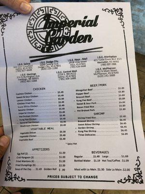 Menu as of June 2018