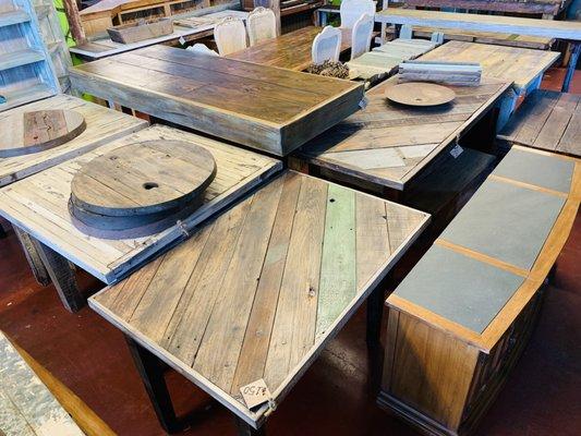 Custom made rustic repurposed benches and tables