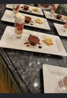 Strawberry shortcake shooters, flourless chocolate cake, cheesecake bites