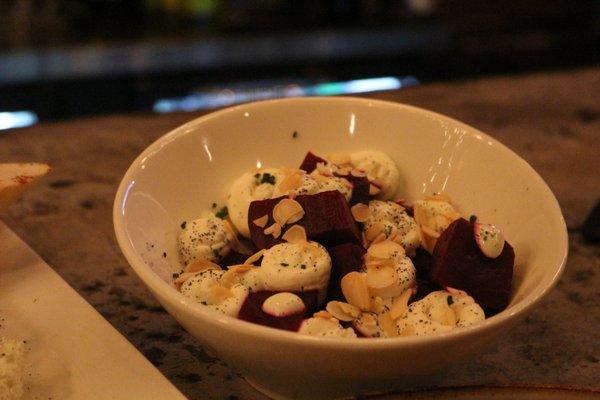 Pickled beets with slivered almonds and cheese