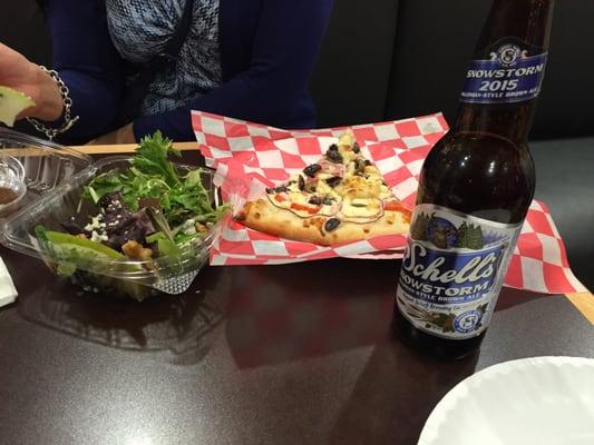 Greek pizza, pear & Gorgonzola salad, and a local dark beer