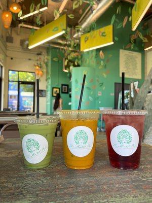 Iced Matcha, Iced Sunset Latte, Radiant Slopes Iced Tea