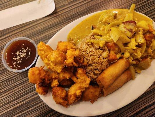 Sesame Chicken (white meat) w sauce on side and Chicken Curry Lunch Combo w fried rice and spring roll