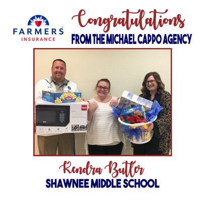 Congratulations to Kendra Butler at Shawnee Middle School for winning $100 of Classroom Supplies!