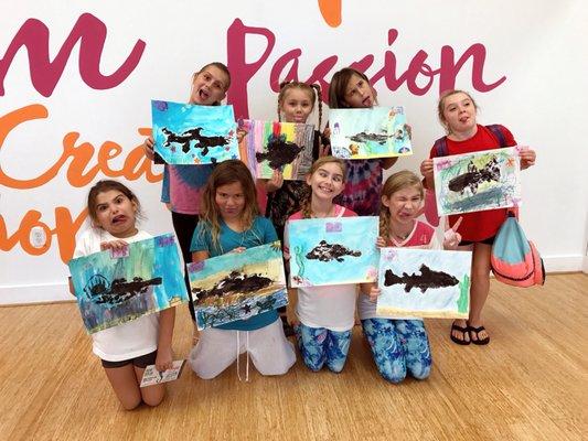 More homeschool kids learning Japanese fish printing!