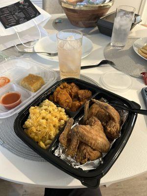 Fried chicken, Mac and cheese, Yams