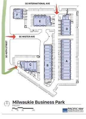 A map in case Yelp/Apple maps drops you off in front of the Milwaukie Business Park. The green line shows the best route.