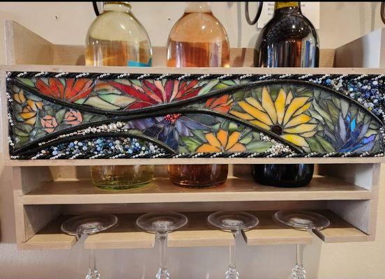 Stained glass mosaic wine rack by Marlene Outlaw