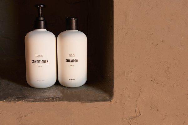 Each bathroom is stocked with eco-friendly toiletries