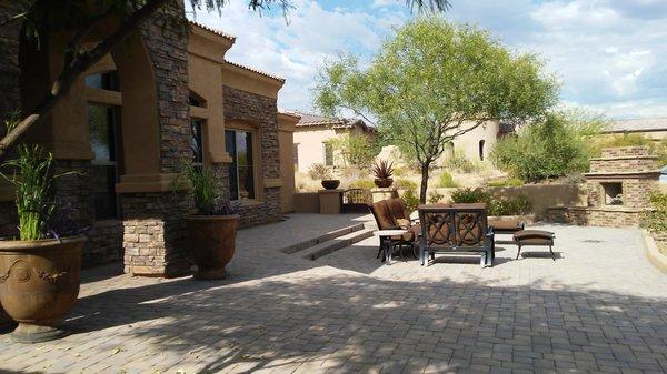 Montecito at Mirabel: Courtyard with sunken patio and fireplace.