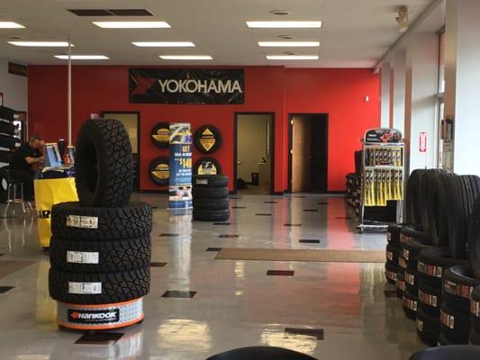 Showroom with many tires on display