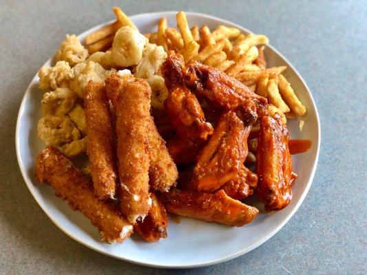 Fried Calamari, 8 Chicken Wings,Plain Fries,6 Homemade Mozzarella Sticks