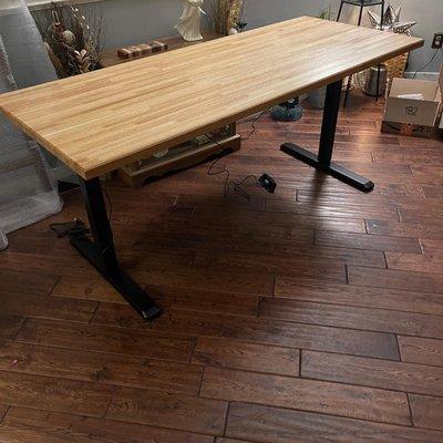 Butcher block sit stand desk.