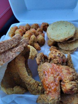 Fish and wing plate... okra and fried green tomatoes!