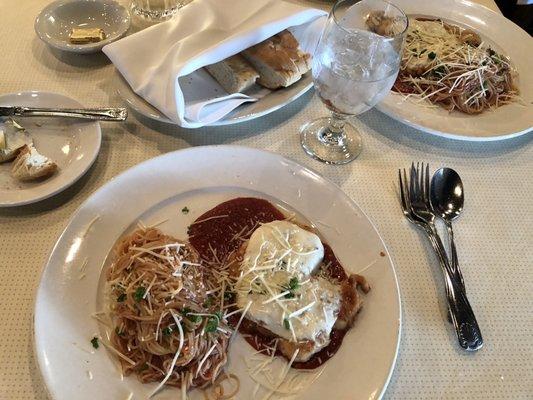 Chicken Parmigiana and Veal Parmigiana entrees and wonderful warm bread