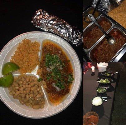 Delicious Birria plate with rice, beans and salsa!