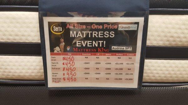 Audrina Pillow Top Pricing..  All mattresses in the store have this same structure of prices on their signs.