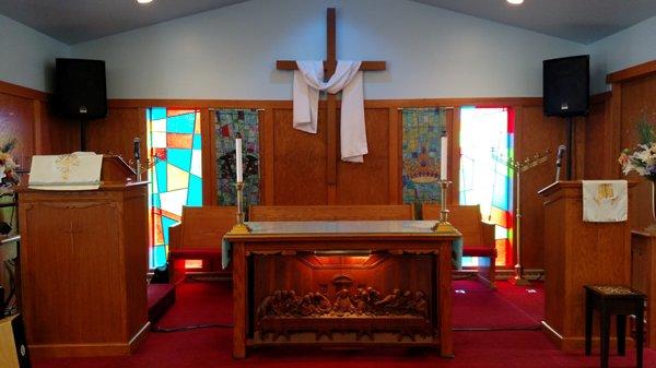 Sanctuary altar and baptismal pool (beneath the altar).