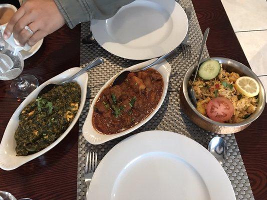 Paneer veg curry, vindaloo lamb and vegetable biryani