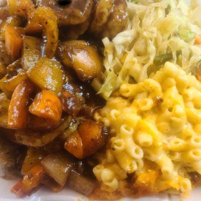 Jerk shrimp, macaroni pie and cabbage