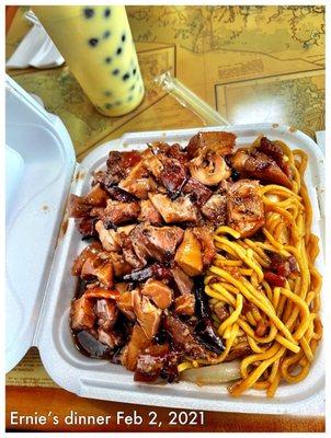 Bourbon chicken, and lomein noodles