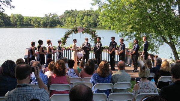 Wedding ceremony on the deck overlooking the lake.