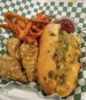 Philly cheesesteak, Lemon pepper wings, and sweet potato fries