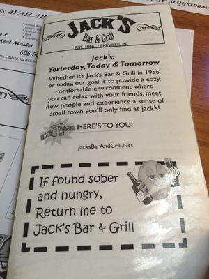 Front of the Jack's menu.  Jack's is sixty years old!