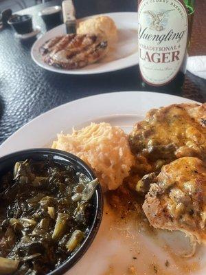 Greens, garlic cheese potatoes and chicken Romeo.