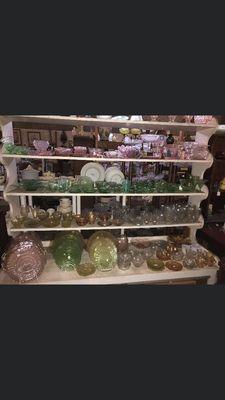 Antique depression dishes. 
Pink, clear, amber, green "uranium glow".