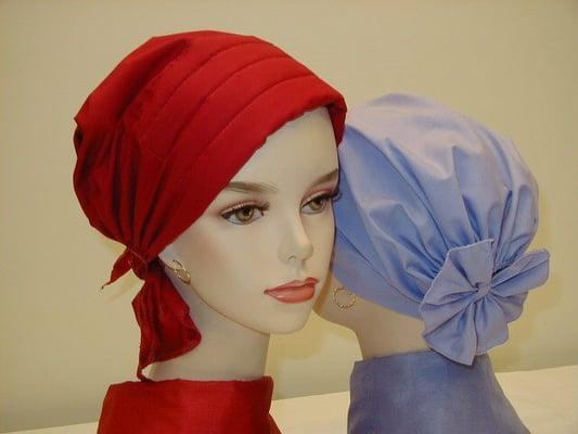 Scarf Tie & Scarf Cap,  Both are made in broadcloth, elastic in back for sizing.  Available in a large selection of colors.