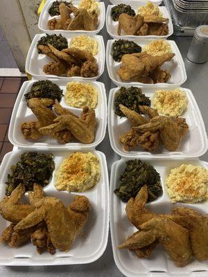 Catering order for 10 people 3 Soul Wingz Collard Greens and Potato Salad