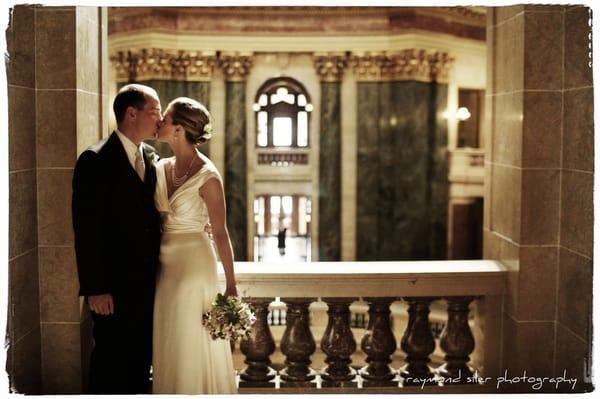 Bride and Groom Kissing in the Capitol