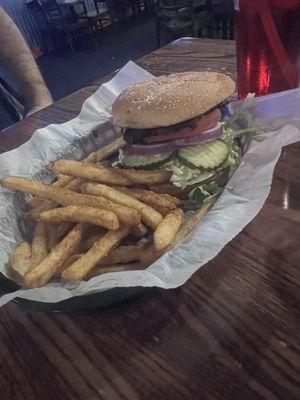 Wing's burger and fries