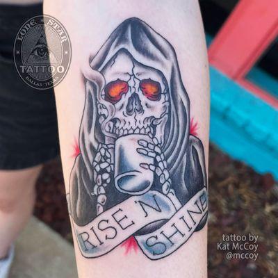 But first... coffee   Rise 'n Shine Reaper tattoo by @katmccoy Check out Kat's work on our website!