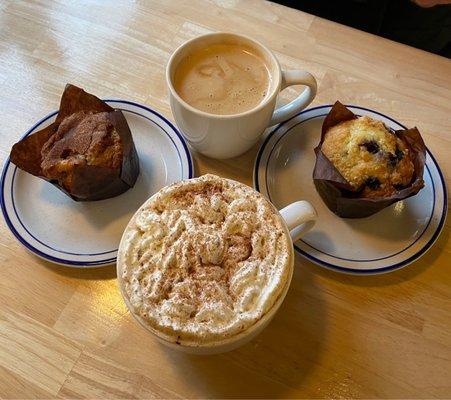 Cinnamon muffin, Large Mocha with whip, Americano and Blueberry muffin.