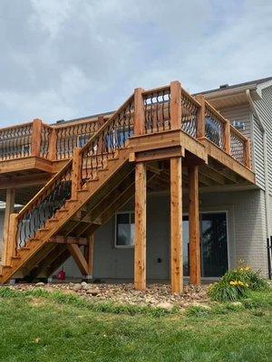 Stunning cedar deck with architectural spindles