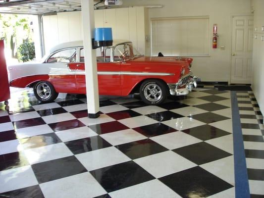 vct tiles in black and white checker board design in garage