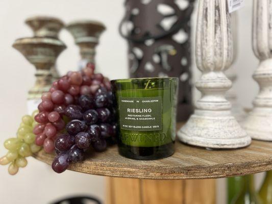 Rewined soy based  candles hand poured in recycled bottes from Charleston, SC.