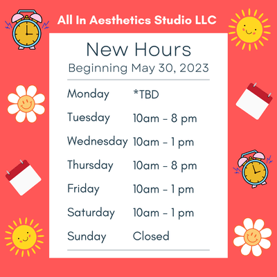 New hours beginning in effect on May 30, 2023. Monday appointment availability TBD based on necessity :-)