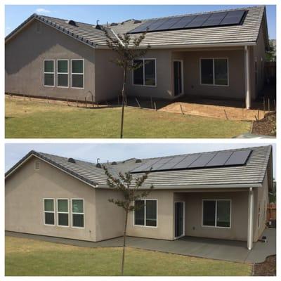 Before and after a full house wrap and patio extension.