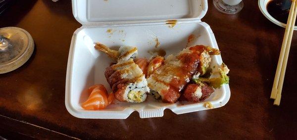 Delivery-salmon nigiri, Hot Night roll, and Olo roll. Only opened the container. Didn't touch a thing. Horrible mess.