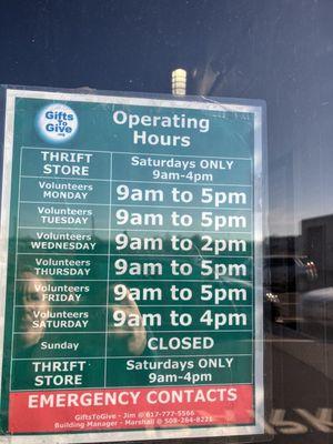 Volunteer and thrift store hours