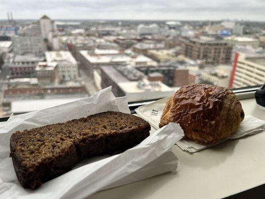 Banana bread and chocolate croissant