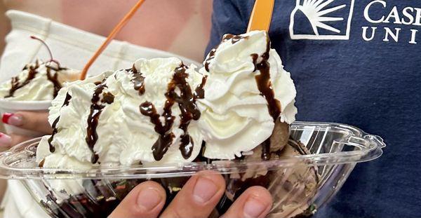 Large hot fudge sundae w pb chocolate ice cream