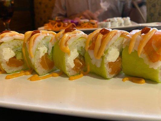 Tiger roll and the plate further away is the sushi and sashimi lunch