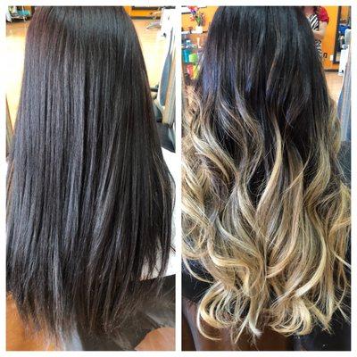 Before and after ombré color hair by Xochil at Vip styles hair salon