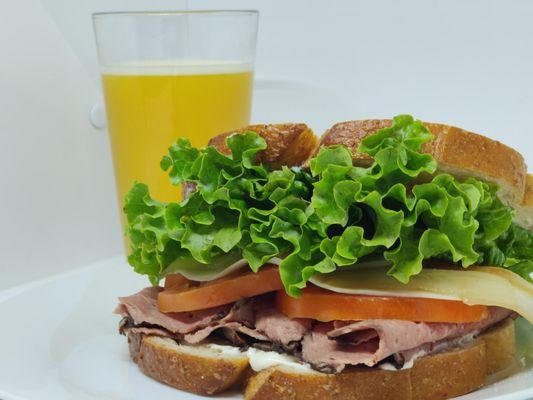 Roast Beef Sandwich and orange juice